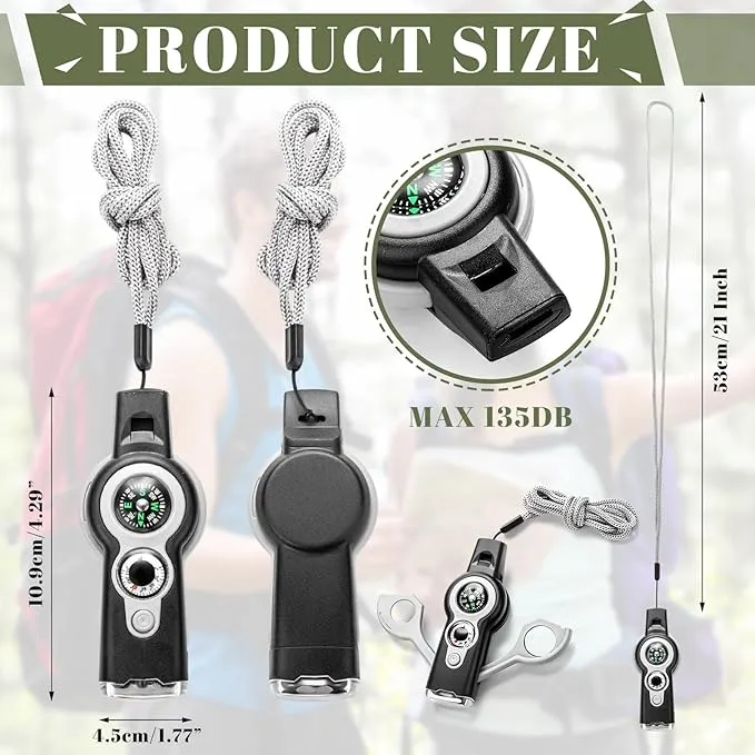12 Pack Emergency Safety Whistle 7 in 1 Loud Survival Whistle with Lanyard Multifunctional Tool with Compass Thermometer Reflecting Mirror Magnifiers LED Lights for Outdoor Hiking