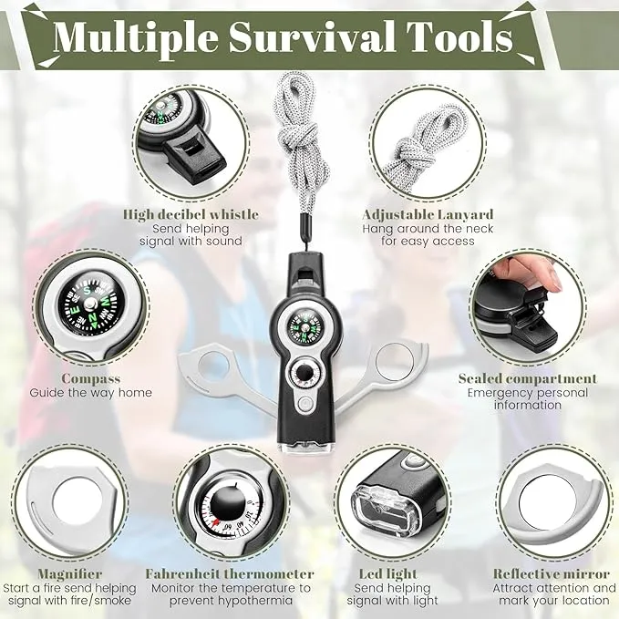 12 Pack Emergency Safety Whistle 7 in 1 Loud Survival Whistle with Lanyard Multifunctional Tool with Compass Thermometer Reflecting Mirror Magnifiers LED Lights for Outdoor Hiking