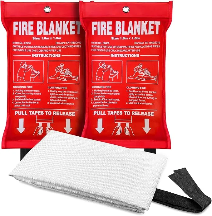 2Pack 39.3x39.3In Large Fire Blanket, Fiberglass Fire Emergency Blankets, Suppression Flame Retardant Fireproof Survival Safety Blanket for Kitchen Home Car Office Warehouse School Fireplace
