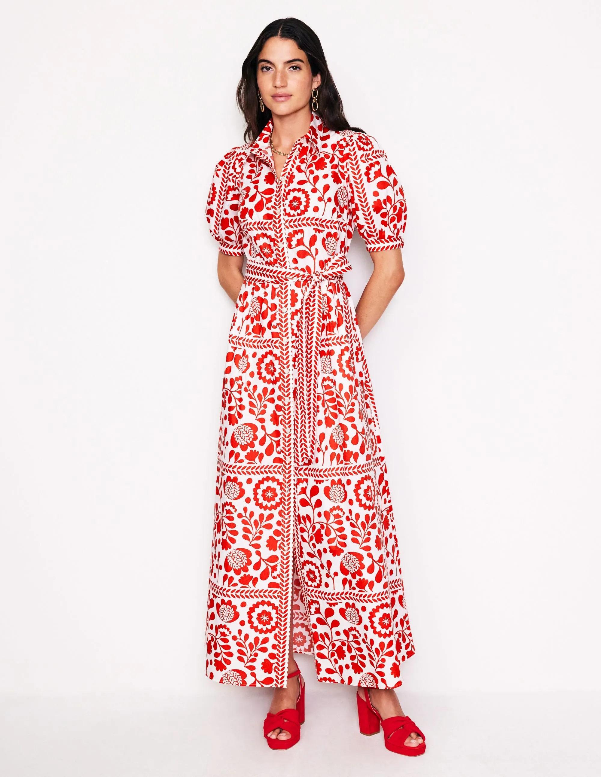 Alexa Maxi Shirt Dress-Rouge, Vine Tile