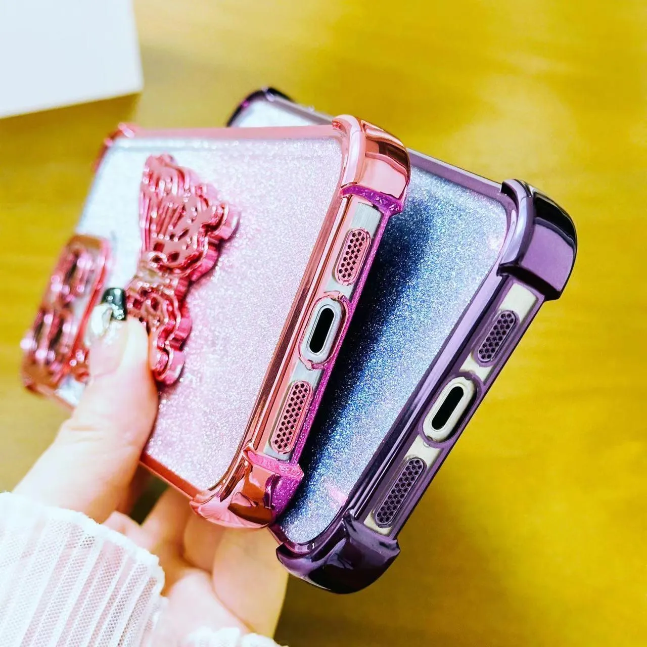For Iphone 15 Electroplated Glitter 3D Butterfly Four-Corner Shockproof Tpu Phone Case