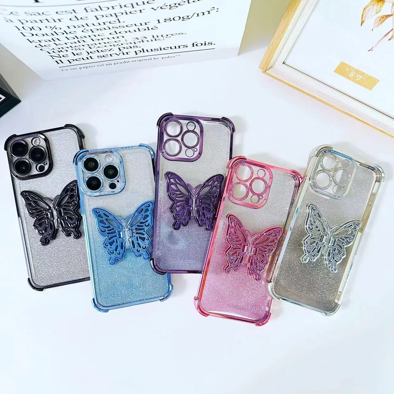 For Iphone 15 Electroplated Glitter 3D Butterfly Four-Corner Shockproof Tpu Phone Case