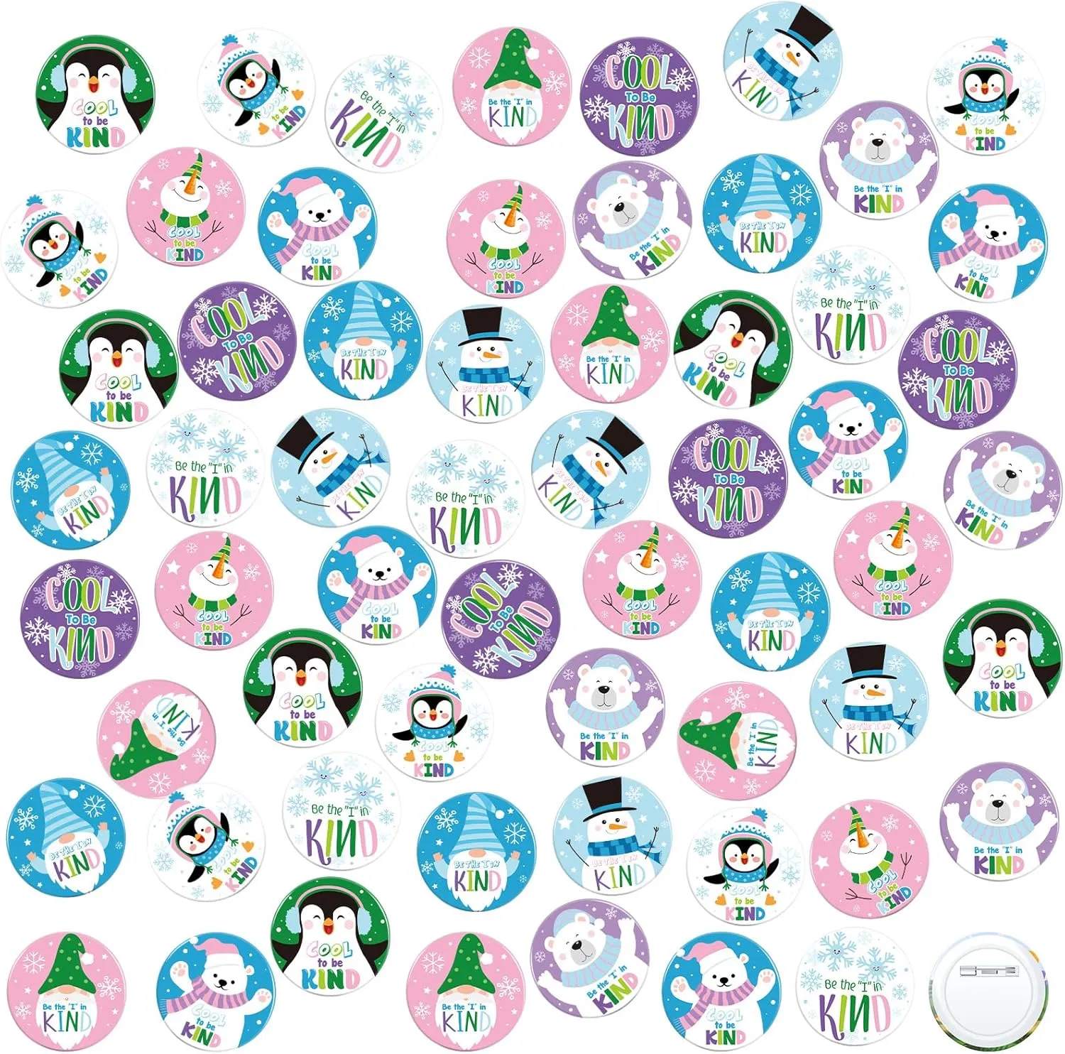 Karenhi 60 Pcs Winter Christmas Pins 1 Inch Cool to Be Kind Brooch Pins Snowflake Snowman Button Holiday Party Favor for Christmas Winter Bags Backpack Clothes Gifts