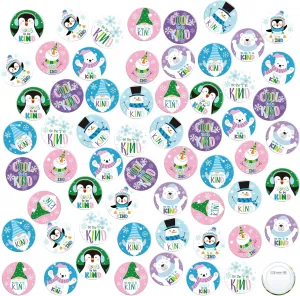 Karenhi 60 Pcs Winter Christmas Pins 1 Inch Cool to Be Kind Brooch Pins Snowflake Snowman Button Holiday Party Favor for Christmas Winter Bags Backpack Clothes Gifts